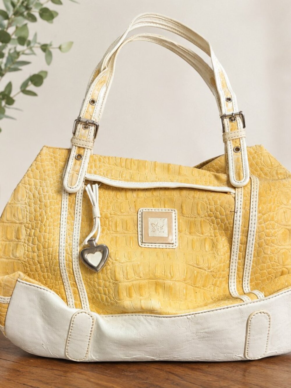 Sharif Yellow Croc Embossed Shoulder Bag with Matching Cosmetic Pouch